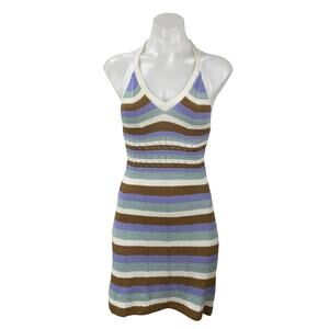 No Comment Multicolor Striped Knit Halter Backless V Neck Mini Bodycon Dress S